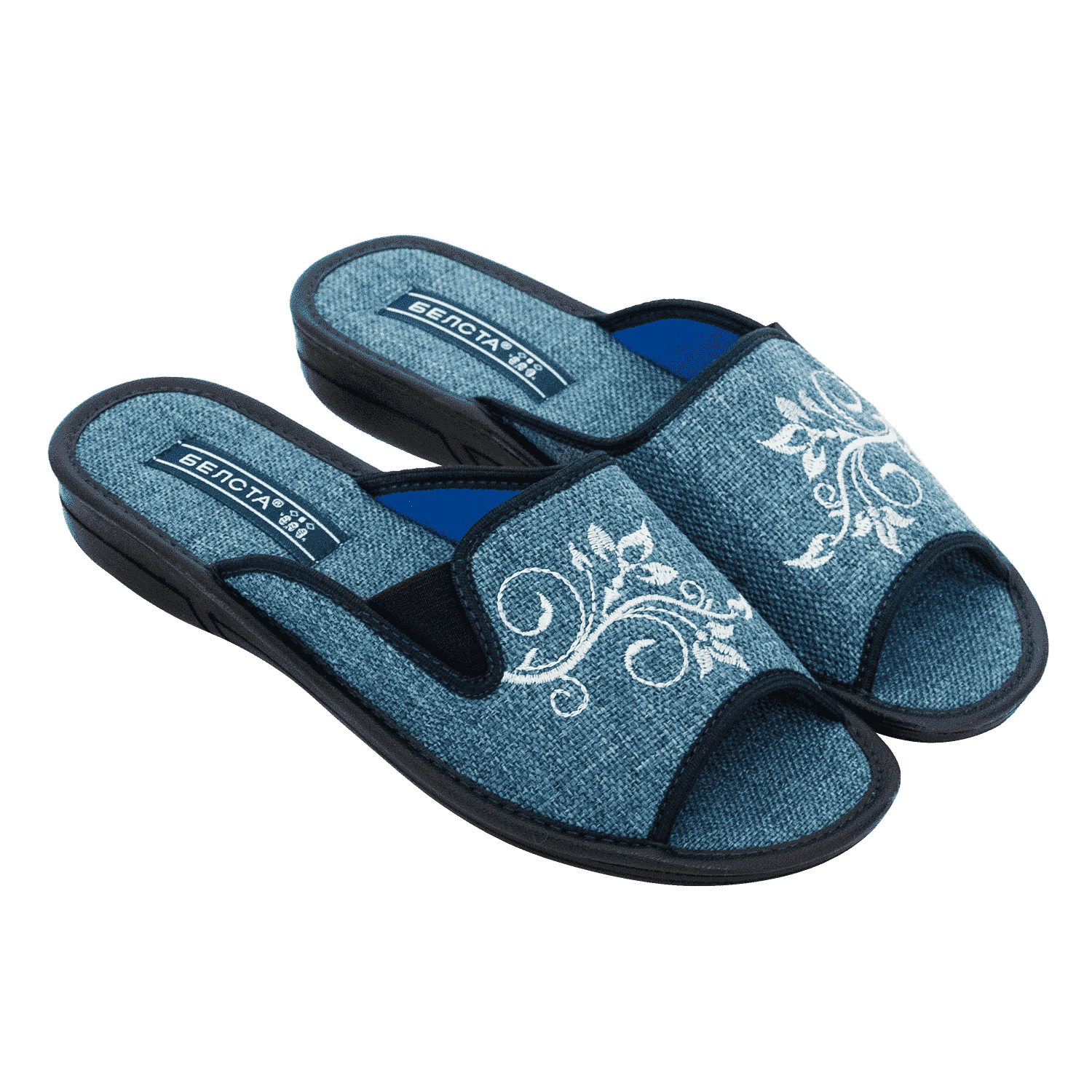 Женские открытые тапочки БЕЛСТА из текстиля голубого цвета украшены узорной вышивкой - 1
