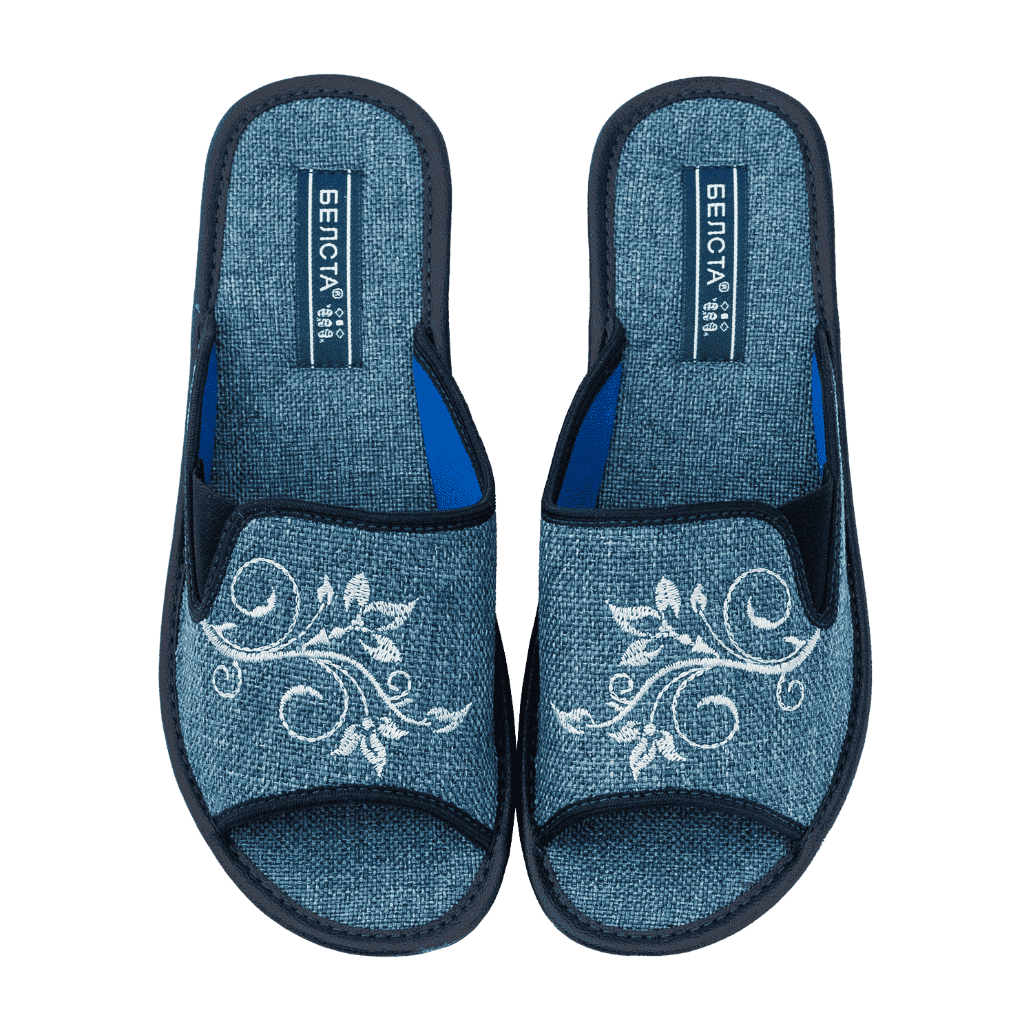 Женские открытые тапочки БЕЛСТА из текстиля голубого цвета украшены узорной вышивкой - 2