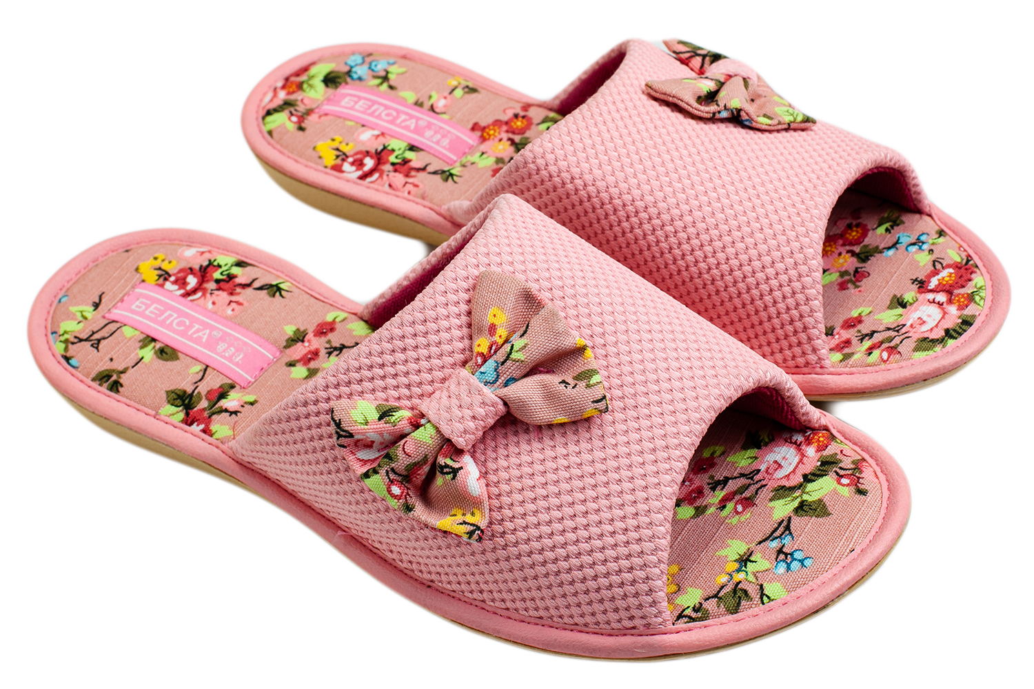 Женские открытые тапочки БЕЛСТА из розового текстиля украшены бантом - 1