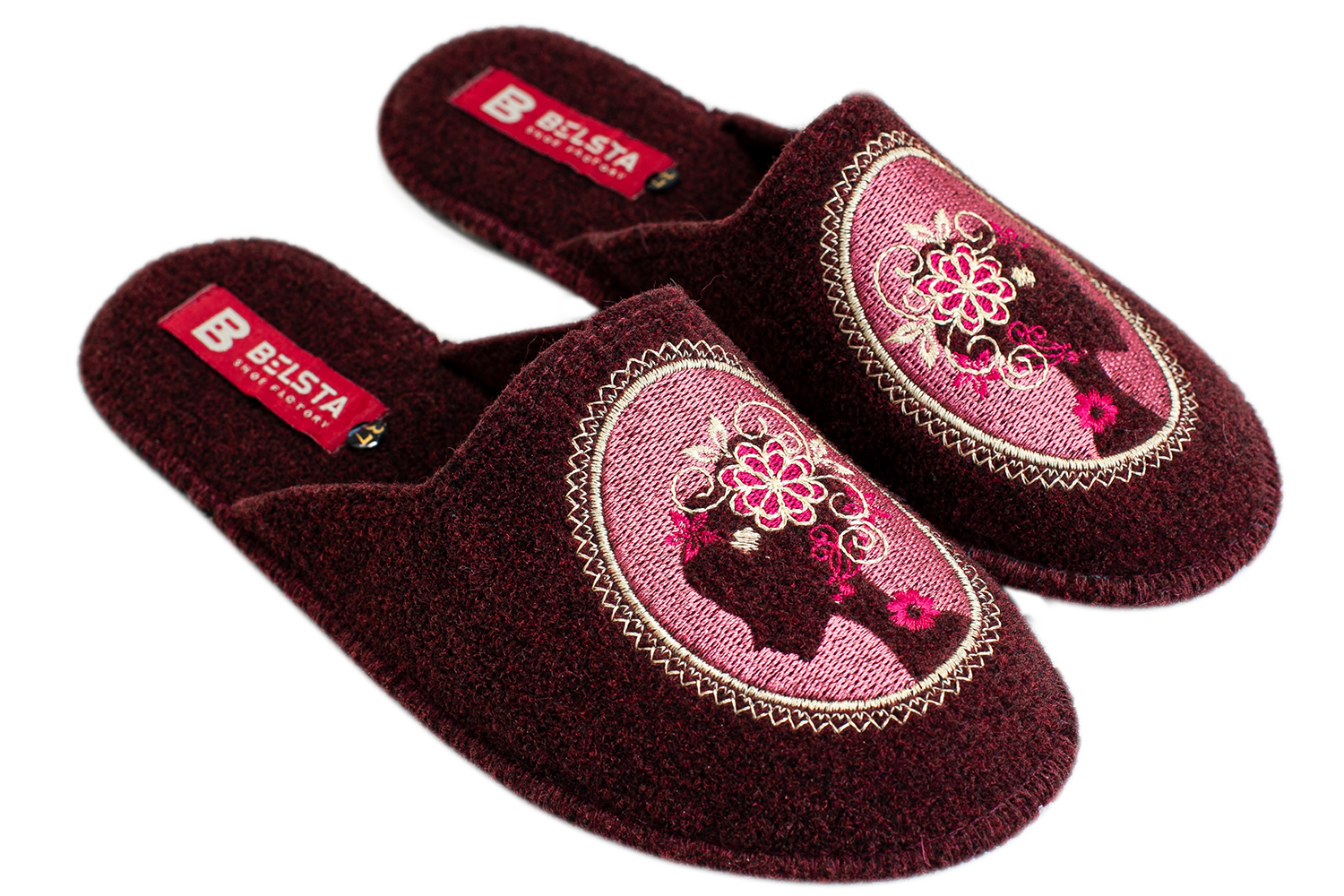 Женские закрытые тапочки БЕЛСТА из бордового войлока украшены вышивкой Девушки с цветами - 1