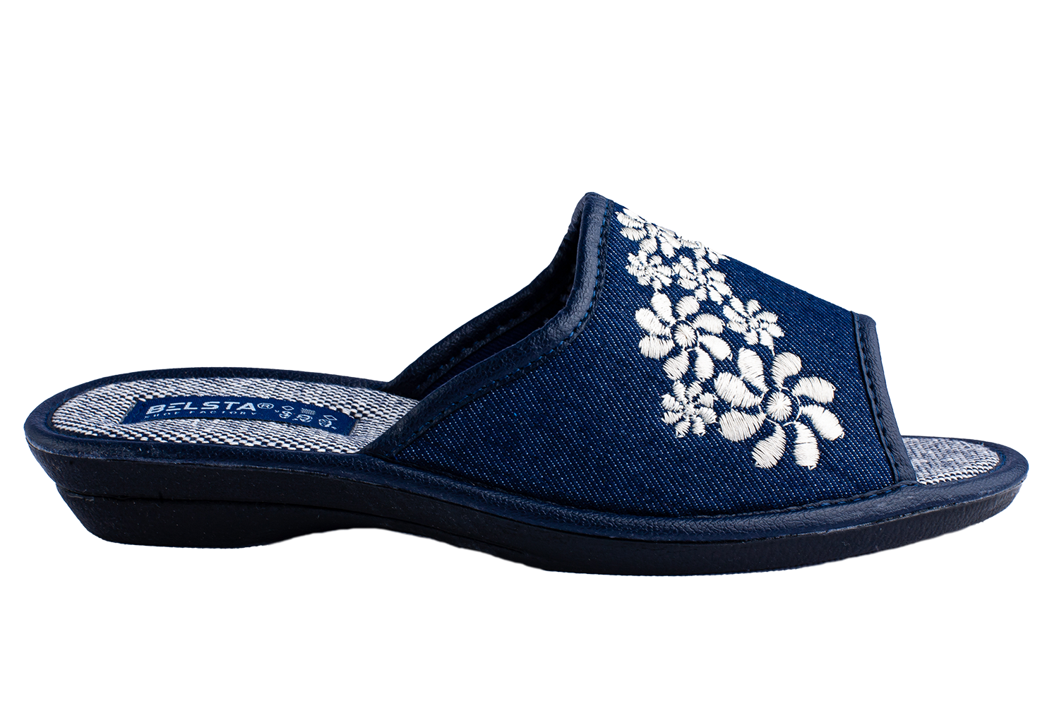Женские открытые тапочки БЕЛСТА из текстиля синего цвета украшены цветочной вышивкой - 3